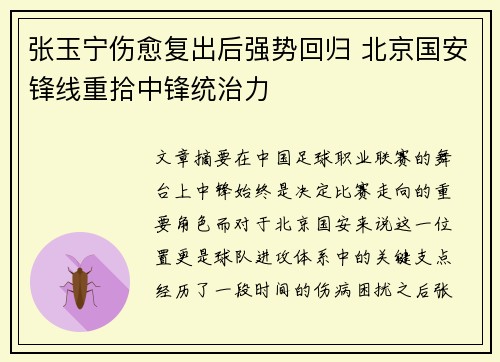 张玉宁伤愈复出后强势回归 北京国安锋线重拾中锋统治力 张玉宁伤愈复出后强势回归 北京国安锋线重拾中锋统治力