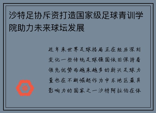 沙特足协斥资打造国家级足球青训学院助力未来球坛发展